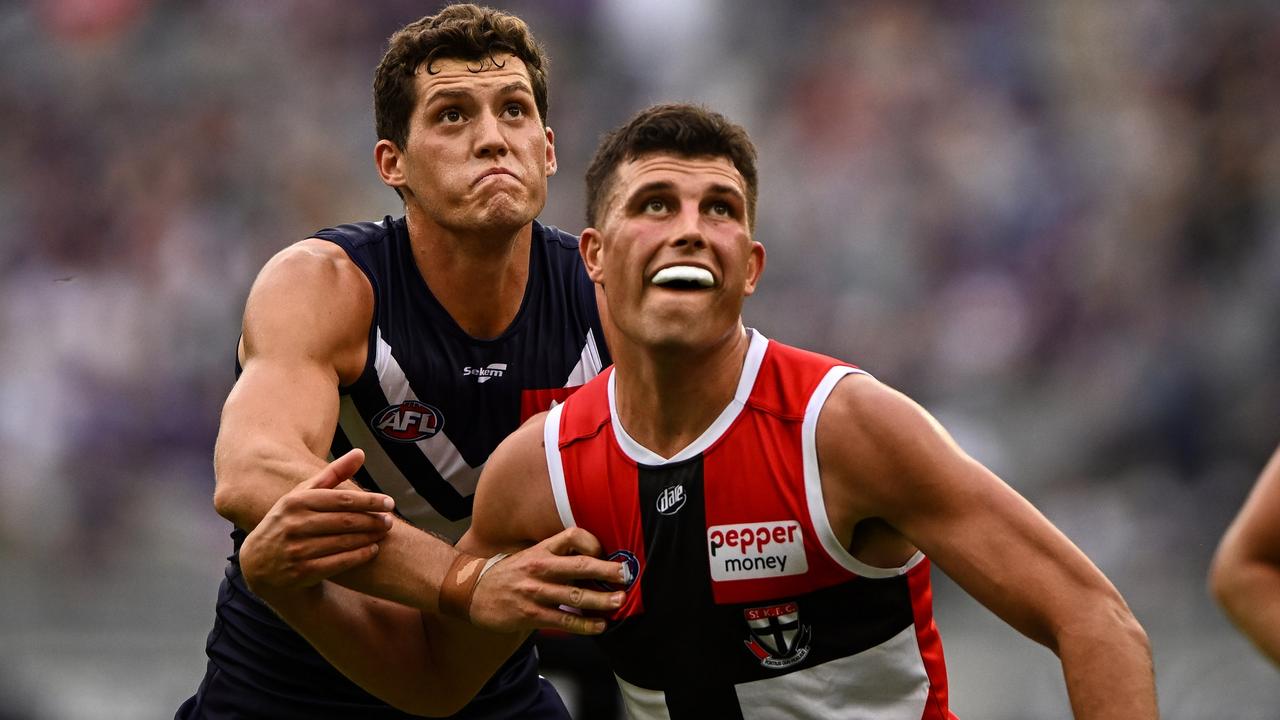 St Kilda ruckman Rowan Marshall competes against the Dockers in Round 2.