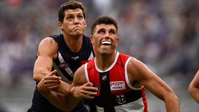 St Kilda ruckman Rowan Marshall competes against the Dockers in Round 2.