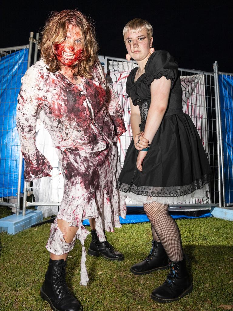 Jasper Oatridge (left) and Ren West outside Rae's House of Horrors on Halloween, Monday, October 31, 2022. Picture: Kevin Farmer