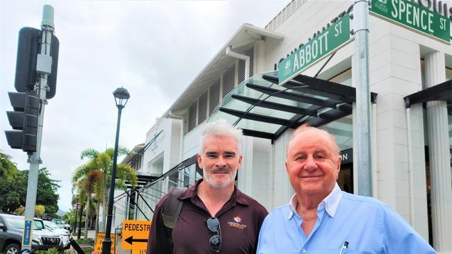 Property investor Frank Gasparin (right) and Vision Built director Grant Wilson have created a new concept video and design to transform Abbott St in the Cairns CBD into a beautiful metropolitan retail and hospitality area. PICTURE: CHRIS CALCINO