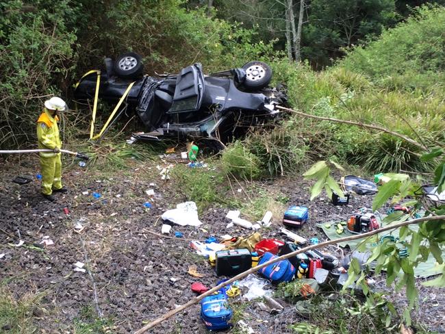 The Toyota Hilux that veered off a bridge on the M1 at Morriset, trapping the driver. Photo: Westpac Rescue Helicopter