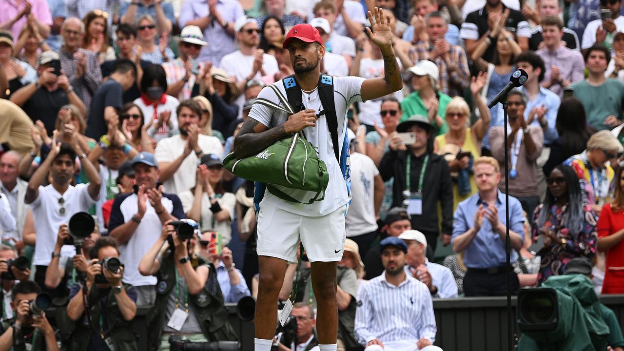 Kyrgios thumbed his nose at Wimbledon’s strict dress code by rocking bright red shoes and a red cap when he appeared on court. Picture: Getty