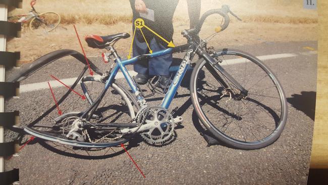 Damaged sustained to Kathleen Heraghty’s bike after she was hit by Samantha Magdaleine Farrer. Picture: SA Police released by the District Court of SA