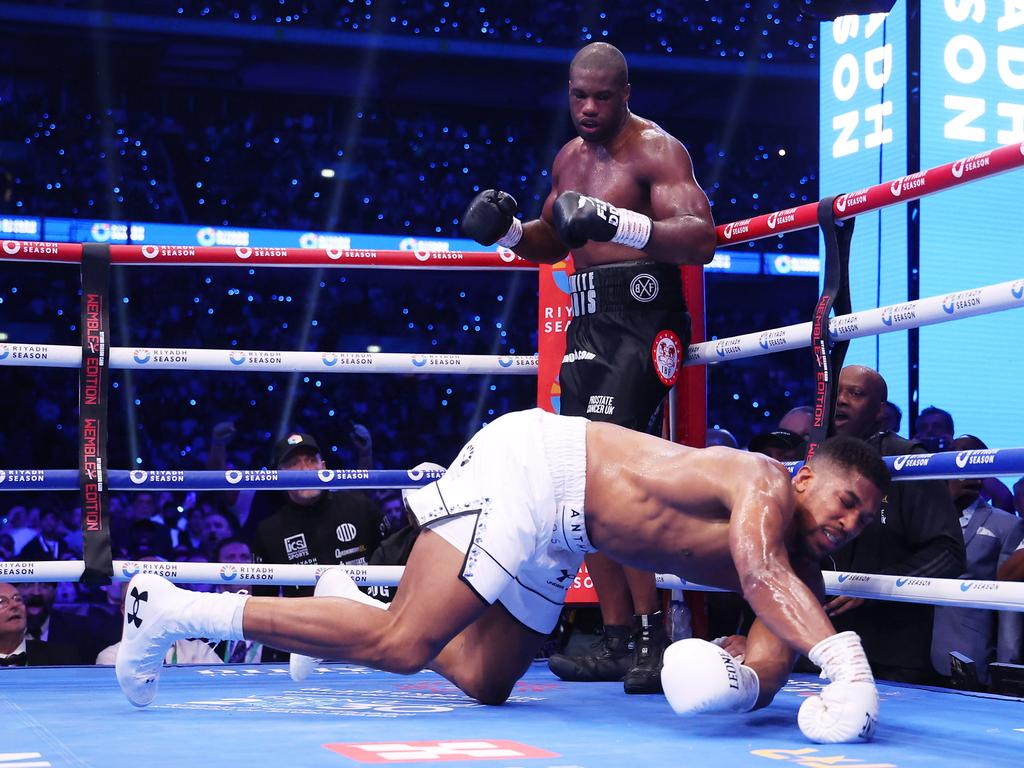 Daniel Dubois knocking out Anthony Joshua during their IBF heavyweight title fight on September 21, 2024. (Photo by Richard Pelham/Getty Images)