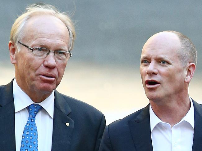 Former State Premiers from both sides of politics Peter Beattie and Campbell Newman arrives together at the State Funeral for the Honourable Con Sciacca AO, Cathedral of St Stephen, Brisbane. Photographer: Liam Kidston.