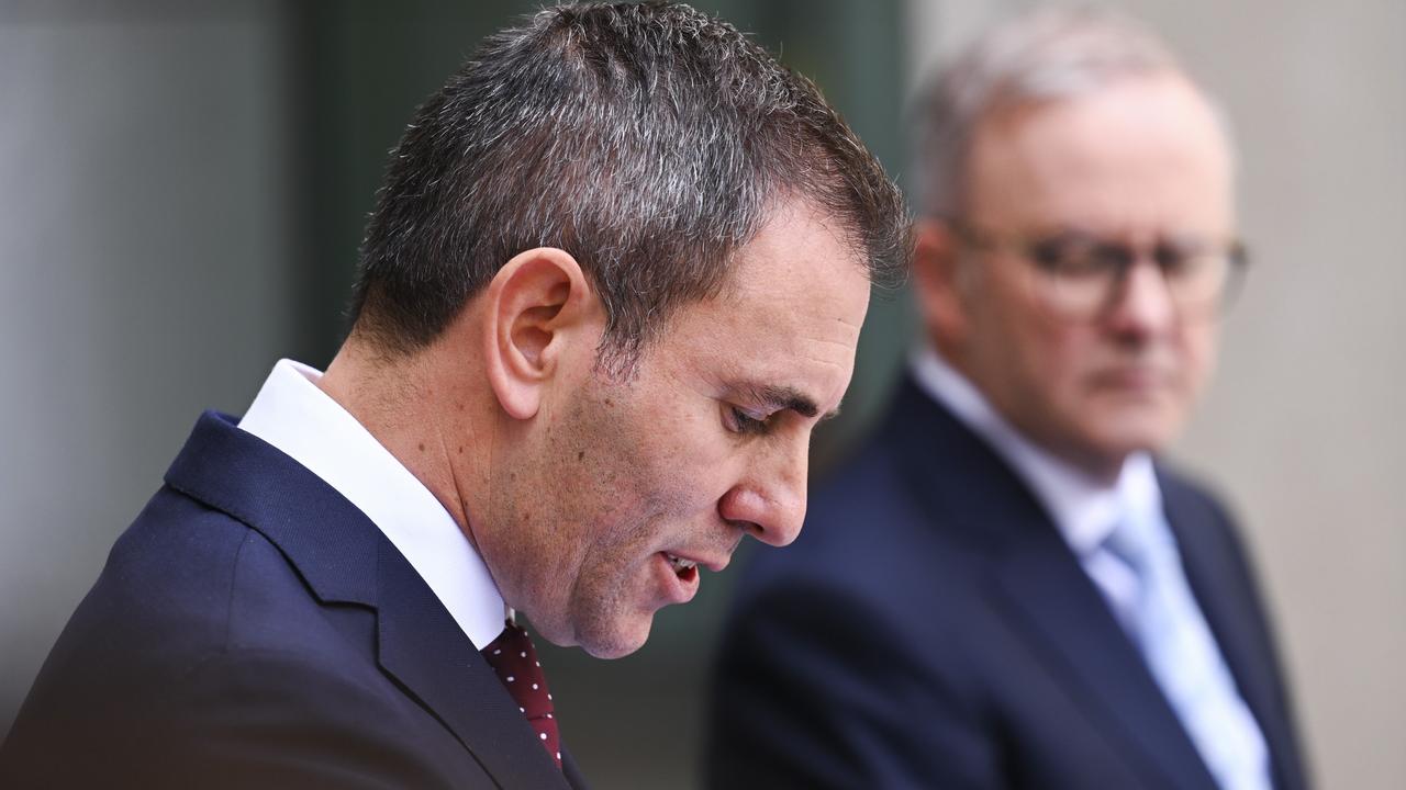 Treasurer Jim Chalmers at Parliament House in Canberra, flanked by Prime Minister Anthony Albanese. Picture: NCA NewsWire/Martin Ollman