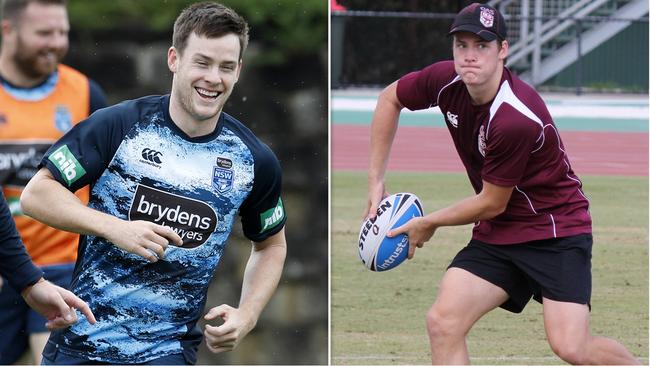 Luke Keary at Blues training this week (left) and as part of the emerging Queensland Origin squad (right).