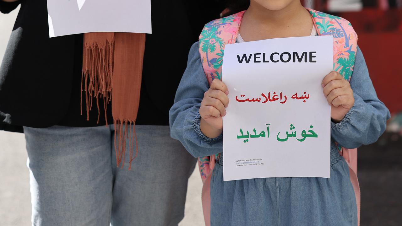 Supporters of the evacuees from Afghanistan outside Hotel Grand Chancellor in Adelaide. Picture: NCA NewsWire / David Mariuz