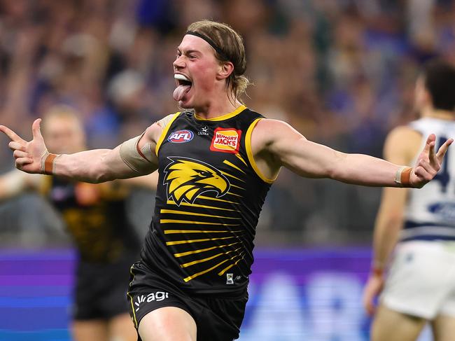 Harley Reid celebrates a big goal. Picture: Paul Kane/Getty Images
