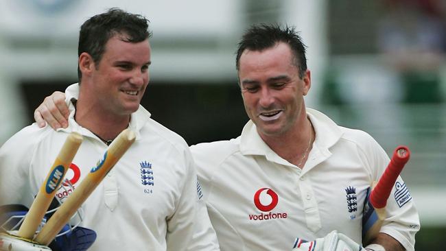 Andrew Strauss and Thorpe celebrate an England Test win over South Africa in 2004. (Photo by Clive Rose/Getty Images)