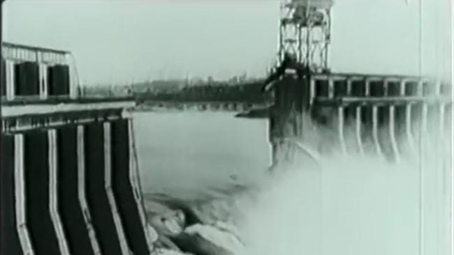 Footage of the Dnieper Hydroelectric Station after it was bombed by Soviet forces. Picture: Archival footage/ RadioFreeAsia.