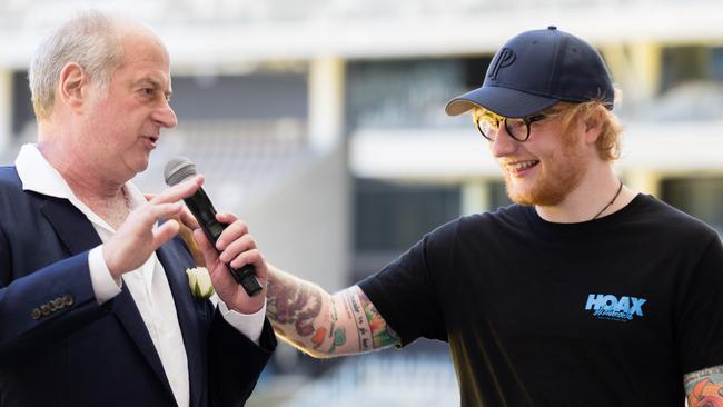 Ed Sheeran jokes with Michael Gudinski in Perth in 2018. Pic: AAP Image/Richard Wainwright