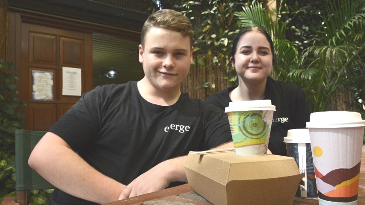 Keen to see everyone use eco-friendly takeaway container, cutlery and straws are Emerge Cafe staff (from left) Jack Bennett and Emily Kilah.