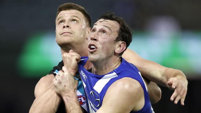 Todd Goldstein dominated on Saturday against Port Adelaide and Peter Ladhams. Picture: Dylan Burns/AFL Photos via Getty Images.