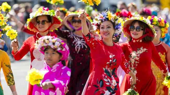 Representing the Vietnamese community in the Carnival of Flowers floral parade, Saturday, September 18, 2021. Picture: Kevin Farmer