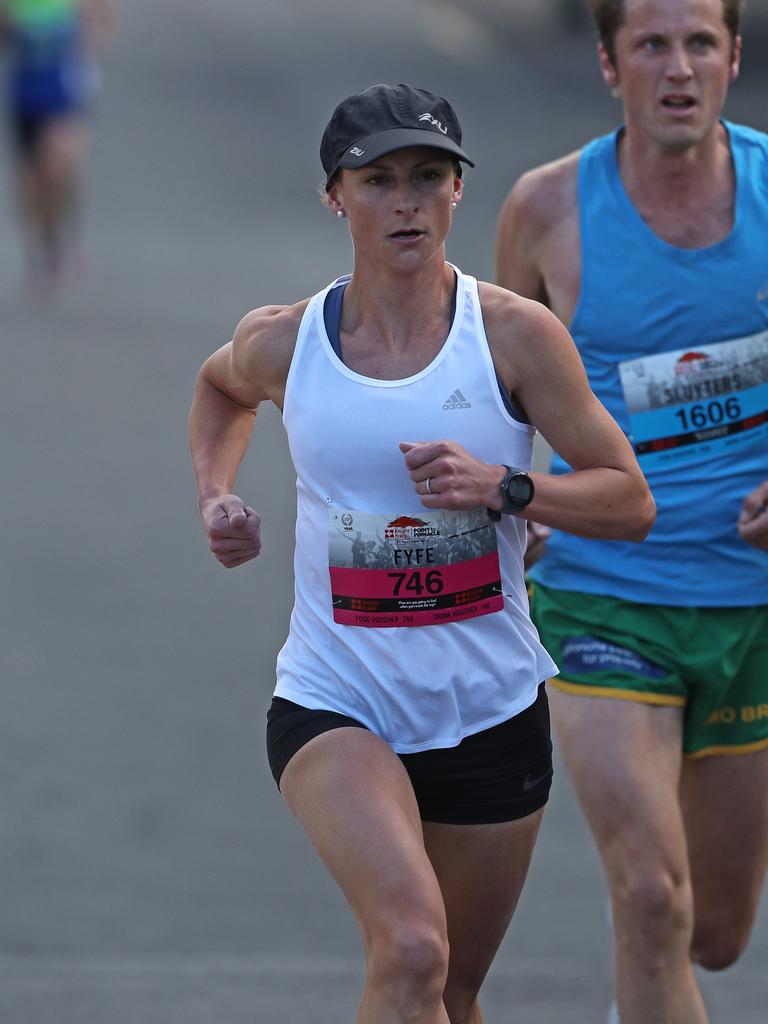 Karinna Fyfe leading the women's event in the 2019 Point to Pinnacle run. Picture: LUKE BOWDEN