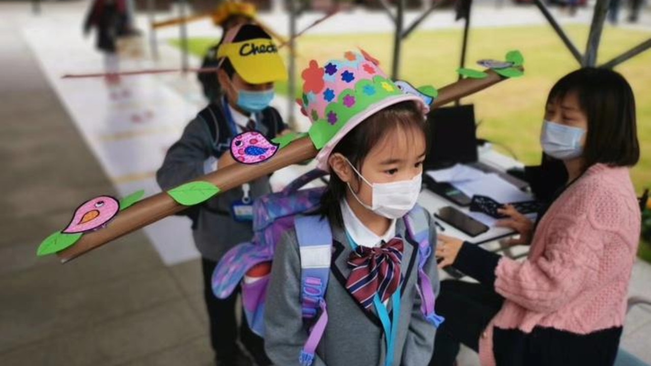 Cardboard tree branches, leaves and birds make a nice wide hat. Picture: Zhejiang Daily via @SixthTone/Twitter