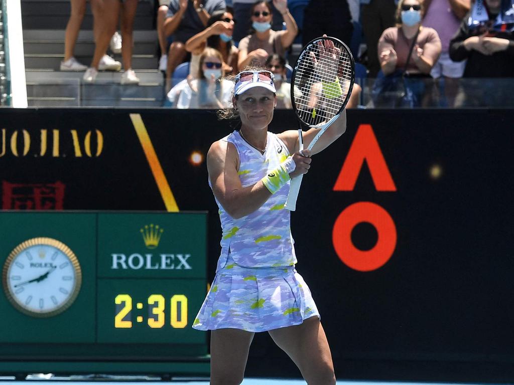Sam Stosur celebrates a meaningful first round victory in her 20th Australian Open. Picture: William West/AFP