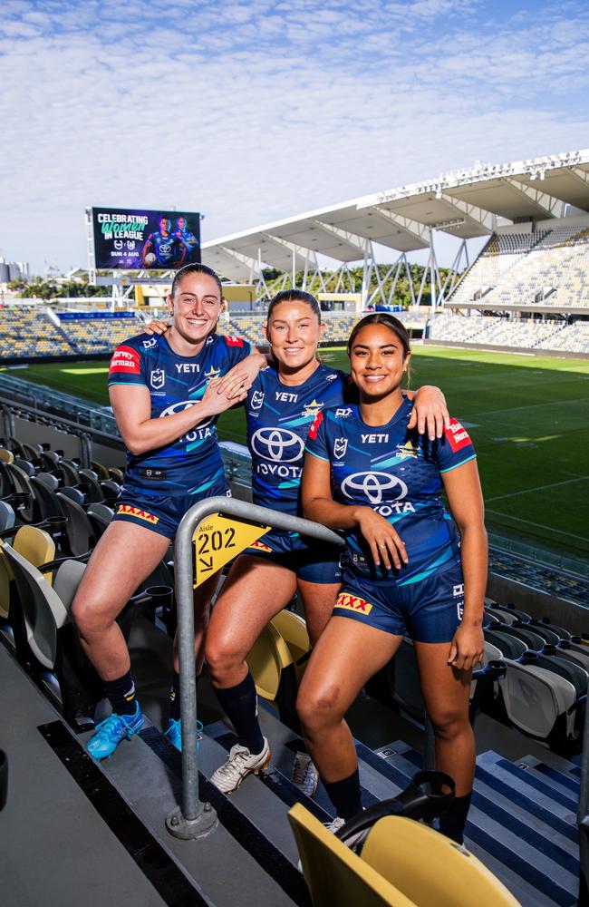 North Queensland Cowboys NRLW players Francesca Goldthorp, Jasmine Peters, Makenzie Weale are set to kickoff the season. Photo: Cowboys Media