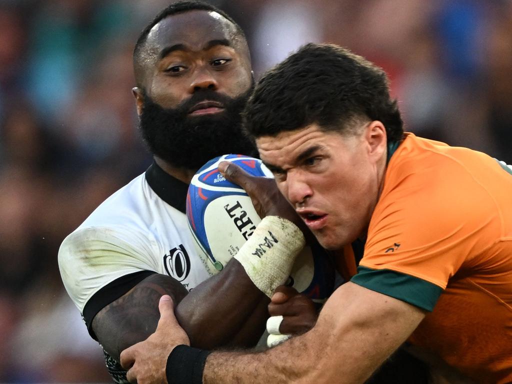 Fiji winger Semi Radradra tackled by Australia's full-back Ben Donaldson during the the France 2023 Rugby World Cup. Picture: Olivier Chassingnole / AFP