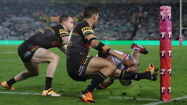 Melbourne's Justin Olam scores a penalty try during the 2020 NRL Grand Final. Picture: Brett Costello