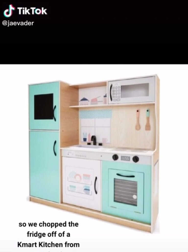 She used the fridge and backsplash off this second-hand Kmart kitchen, and added it to the Ikea version. Picture: Supplied