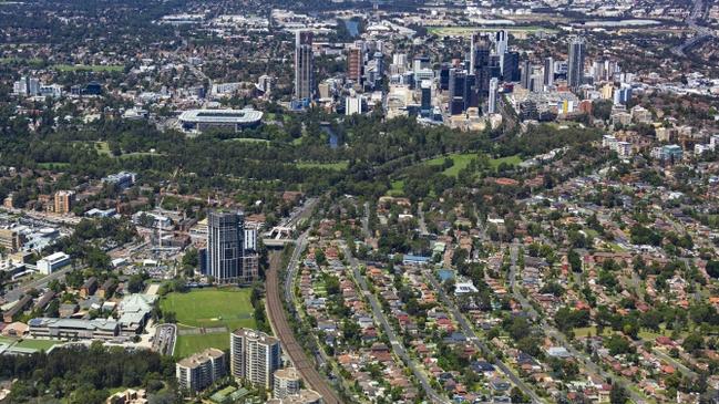 An aerial view of Westmead South and the Parramatta skyline.