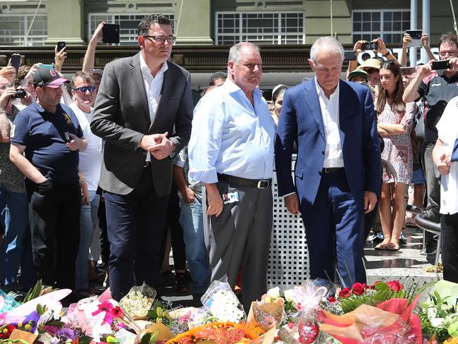 (L-R) Premier Daniel Andrew, Lord Mayor Robert Doyle and Prime Minister Malcolm Turnbull at the site. Picture: Yuri Kouzmin