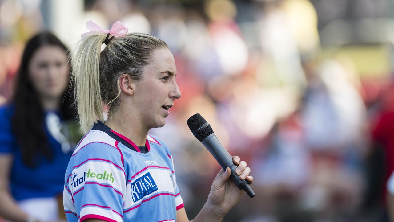 Roma Echnidas Womens 7s captain Meg Jakins speaks after being defeated by Toowoomba Bears Womens 7s in the Emilee Cherry Cup grand final. Picture: Kevin Farmer