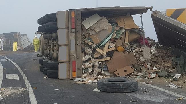 A truck toppled over transporting NSW waste to Queensland to be buried. Police are increasingly concerned at the number of crashes involving waste trucks.