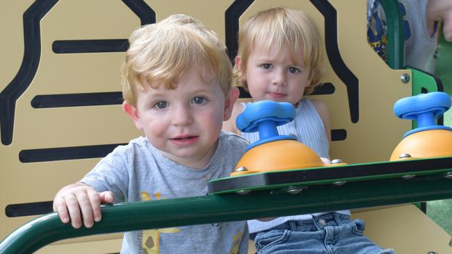 Matteo and Mirella Stephens at the redeveloped playground at Rockhampton Botanic Gardens on March 11, 2023. Picture: Aden Stokes