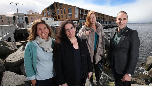 Lara Maeseele, from left, Jennifer Nichols, Bronwyn Hill, and Dale Campisi, from the Tasmanian chapter of the Australian Institute of Architects, outside MAC 01 ahead of the Open House Hobart weekend. Picture: MATT THOMPSON