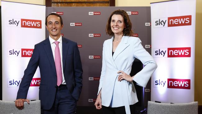 Liberal MP Dave Sharma and independent candidate Allegra Spender during the Sky News Wentworth People’s Forum. Picture: Richard Dobson