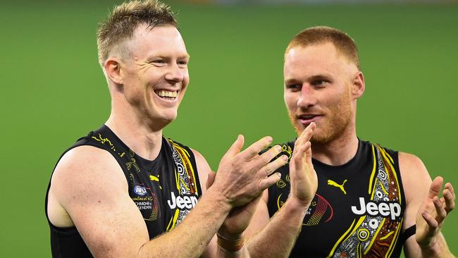 PERTH, AUSTRALIA - JUNE 05: Jack Riewoldt of the Tigers celebrates with the fans during the 2021 AFL Round 12 match between the Essendon Bombers and the Richmond Tigers at Optus Stadium on June 5, 2021 in Perth, Australia. (Photo by Daniel Carson/AFL Photos via Getty Images)