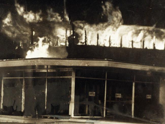 The Whiskey Au Go Go nightclub fully ablaze in the early hours of March 8, 1973 (Image digitally altered)