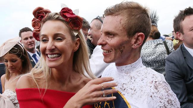 Jockey Ben Melham and partner Karlie Dales after he won the Golden Slipper in 2017.