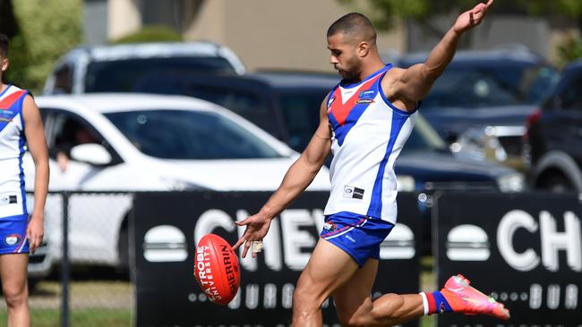 Ahmed Saad kicks one of his five goals. Picture: Steve Tanner