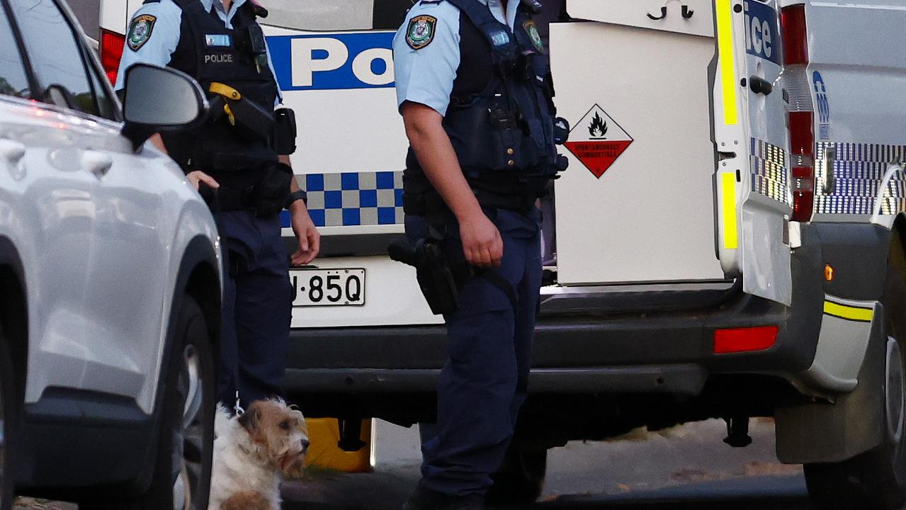 Police lead away the family dog from the Faulconbridge home where two children were found dead. Picture: Jonathan Ng