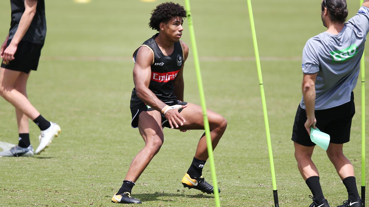 Isaac Quaynor is put through his paces at Collingwood pre-season training.