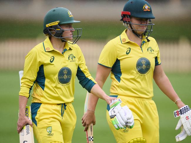 Alyssa Healy alongside Georgia Voll, part of the next generation coming Healy talks about. Picture: Brett Hemmings/Getty Images