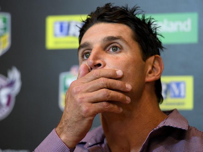 Sea Eagles coach Trent Barrett speaks during a press conference following  the Round 23 NRL match between the Manly-Warringah Sea Eagles and the Gold Coast Titans at Lottoland in Sydney, Friday, August 17, 2018. (AAP Image/Dan Himbrechts) NO ARCHIVING, EDITORIAL USE ONLY