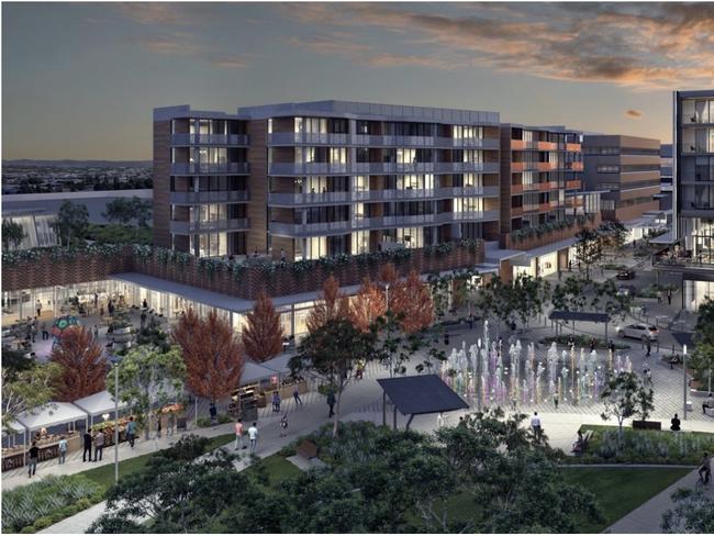 Oran park townsquare - Artist impression of future town square with water feature, Perich park and Atura Hotel Source: Greenfields Developments