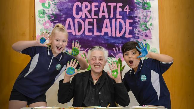 Create4Adelaide project - Wandana School Kids: Sophie Newbound, 11 and Sebastian Ponce, 11 with  Adelaide Festival artistic director Ruth Mackenzie  Picture: Roy Vandervegt