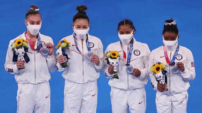 Grace McCallum, Sunisa Lee, Jordan Chiles and Simone Biles collect their silver medals. Picture: Jamie Squire/Getty Images