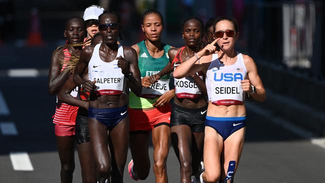 The leading pack in the women’s marathon. Picture: AFP