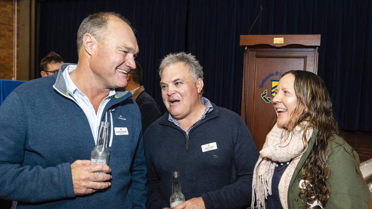 Class of '92 students Kenton Peart (left) and James Innes with Bebe Innes at the Toowoomba Grammar School Old Boys' Association Weekend 2022 welcoming function on the eve of the O'Callaghan Cup, Friday, August 5, 2022. Picture: Kevin Farmer