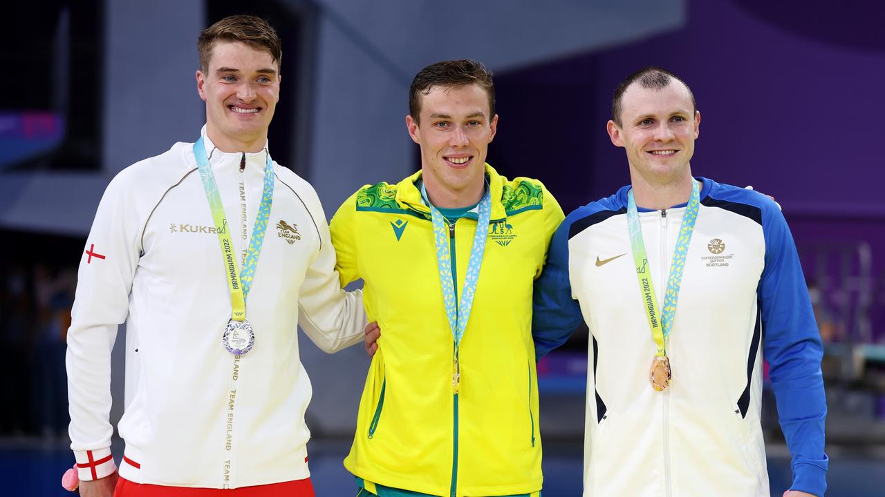 Silver medallist, James Wilby of Team England, Gold medallist, Zac Stubblety-Cook of Team Australia and Bronze medallist, Ross Murdoch of Team Scotland.