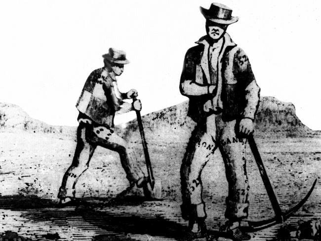 An early illustration of 18th century Australian convicts. 