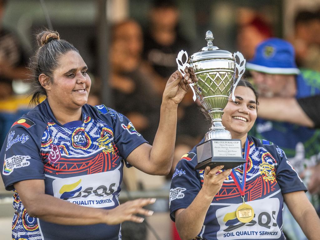 Tegan Gibbs and Leah Peckham with the cup. 2023 TRL Cultural Cup, Open Womens SW Qld Emus vs Pacific Nations Toowoomba. Saturday, February 25, 2023. Picture: Nev Madsen.