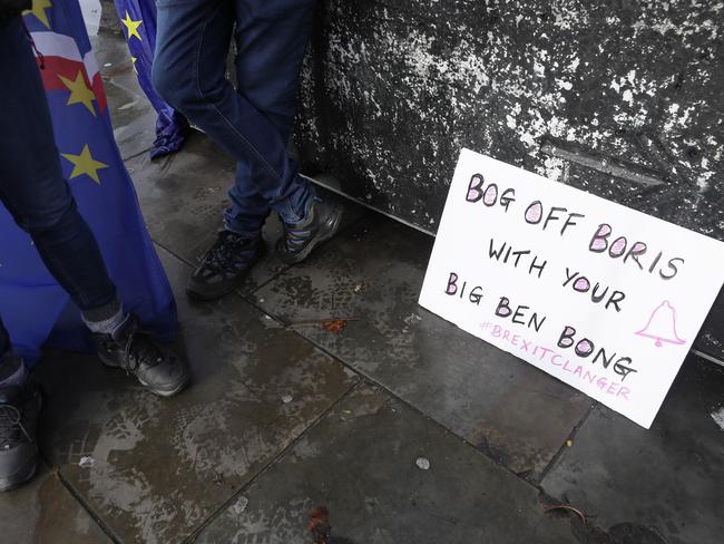 A banner alongside anti-Brexit campaigners outside Parliament in London. Picture: Kirsty Wigglesworth